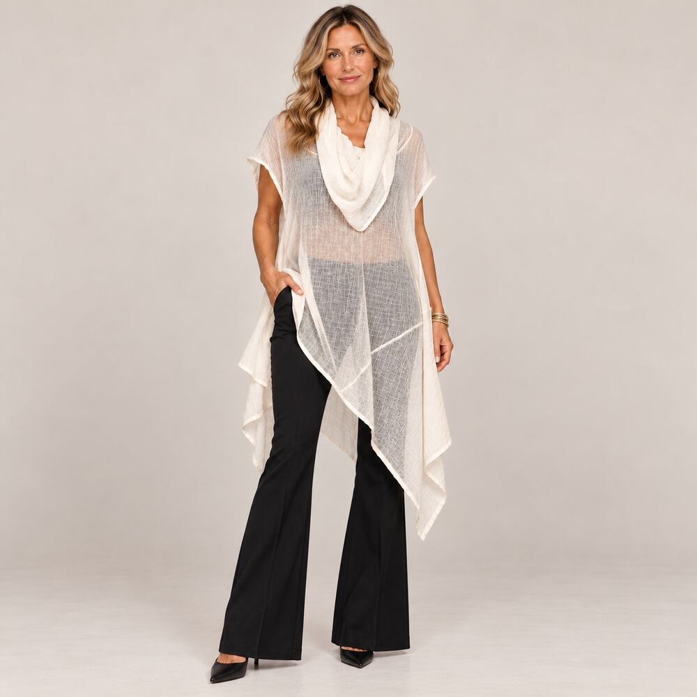 bryn WALKER M 100% Cotton Sheer White Gauze Cowl Neck Asymmetric Hem Noa Tunic
